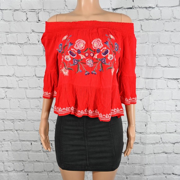 Target Tops - Red embroidered off the shoulder top